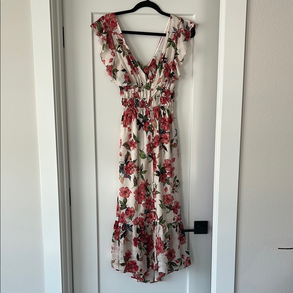 bishop + young Red and Pink Ruffled Tiered Maxi Dress
